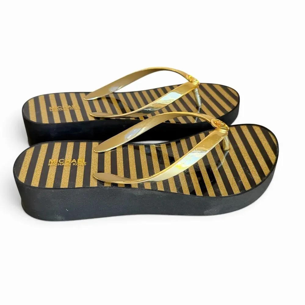 Michael Kors MK Platform Flip Flops Black Gold Striped Sandals Womens Sz 8